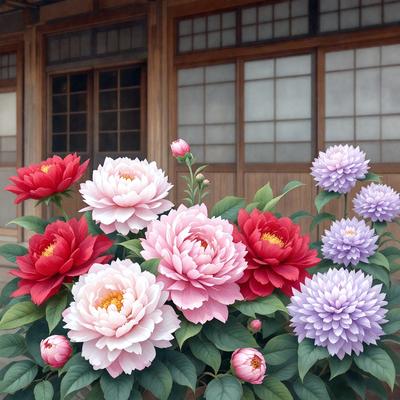 The primary subject of the image is a beautiful arrangement of flowers in a vase. The flowers are predominantly pink and red, creating a vibrant and lively atmosphere. The setting is an outdoor area with a wooden building in the background. The visual style of the image is a painting, which adds a sense of artistic expression and creativity to the scene. The colors and mood of the painting evoke a sense of warmth and joy, making it an appealing and uplifting piece of art.